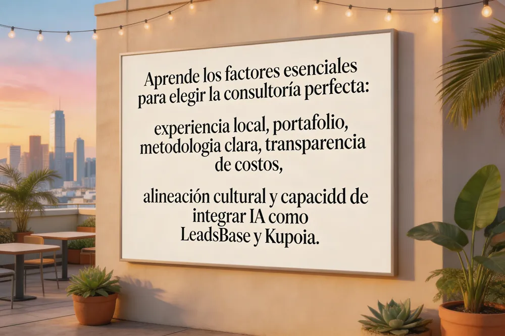 Aprende los factores esenciales para elegir la consultoría perfecta: experiencia local, portafolio, metodología clara, transparencia de costos, alineación cultural y capacidad de integrar IA como LeadsBase y Kupoia.