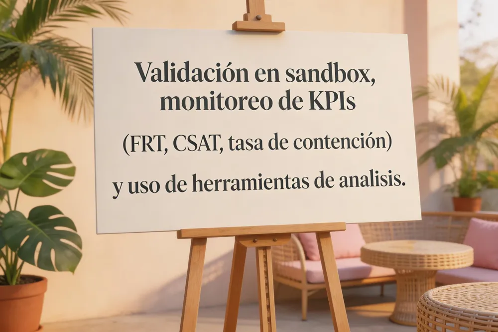 Validación en sandbox, monitoreo de KPIs (FRT, CSAT, tasa de contención) y uso de herramientas de análisis.