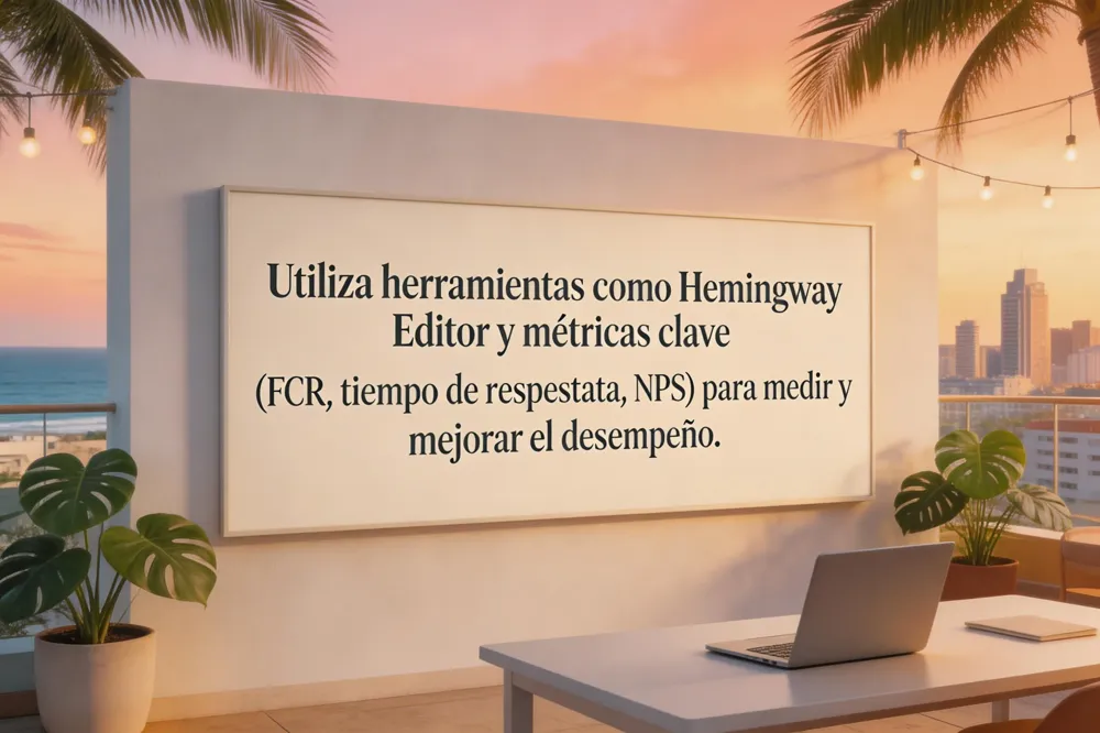 Utiliza herramientas como Hemingway Editor y métricas clave (FCR, tiempo de respuesta, NPS) para medir y mejorar el desempeño.