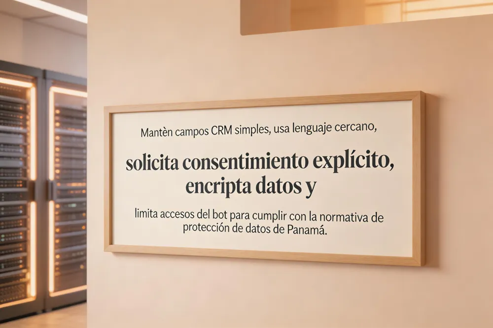 Mantén campos CRM simples, usa lenguaje cercano, solicita consentimiento explícito, encripta datos y limita accesos del bot para cumplir con la normativa de protección de datos de Panamá.
