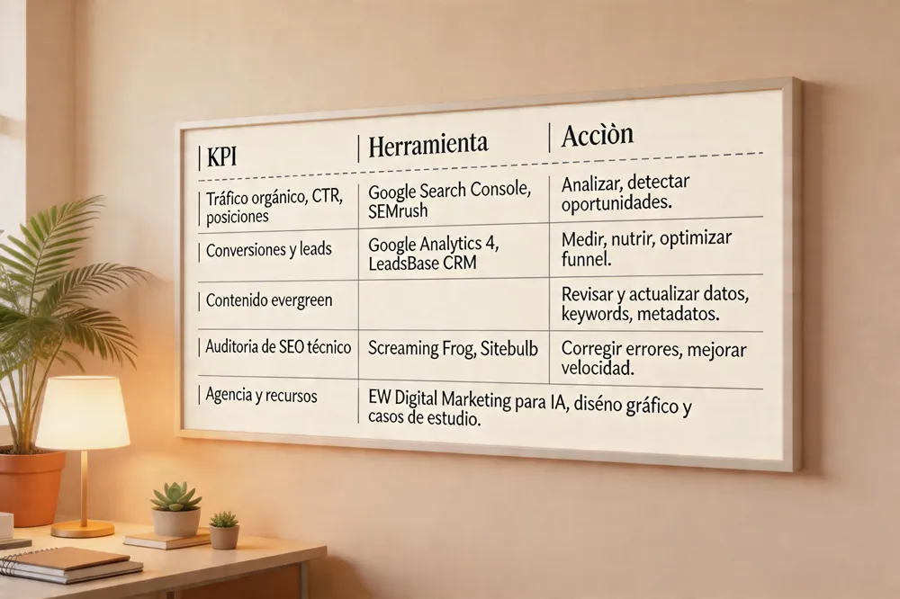 | KPI | Herramienta | Acción |
|---|---|---|
| Tráfico orgánico, CTR, posiciones | Google Search Console, SEMrush | Analizar, detectar oportunidades. |
| Conversiones y leads | Google Analytics 4, LeadsBase CRM | Medir, nutrir, optimizar funnel. |
| Contenido evergreen | Revisar y actualizar datos, keywords, metadatos. |
| Auditoría de SEO técnico | Screaming Frog, Sitebulb | Corregir errores, mejorar velocidad. |
| Agencia y recursos | EW Digital Marketing para IA, diseño gráfico y casos de estudio. |