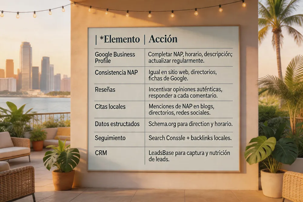 | Elemento | Acción |
|---|---|
| Google Business Profile | Completar NAP, horario, descripción; actualizar regularmente. |
| Consistencia NAP | Igual en sitio web, directorios, fichas de Google. |
| Reseñas | Incentivar opiniones auténticas, responder a cada comentario. |
| Citas locales | Menciones de NAP en blogs, directorios, redes sociales. |
| Datos estructurados | Schema.org para dirección y horario. |
| Seguimiento | Search Console + backlinks locales. |
| CRM | LeadsBase para captura y nutrición de leads. |