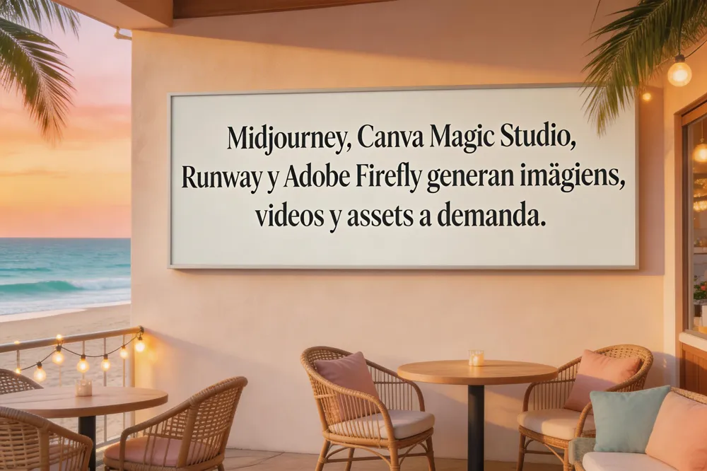 Midjourney, Canva Magic Studio, Runway y Adobe Firefly generan imágenes, videos y assets a demanda.