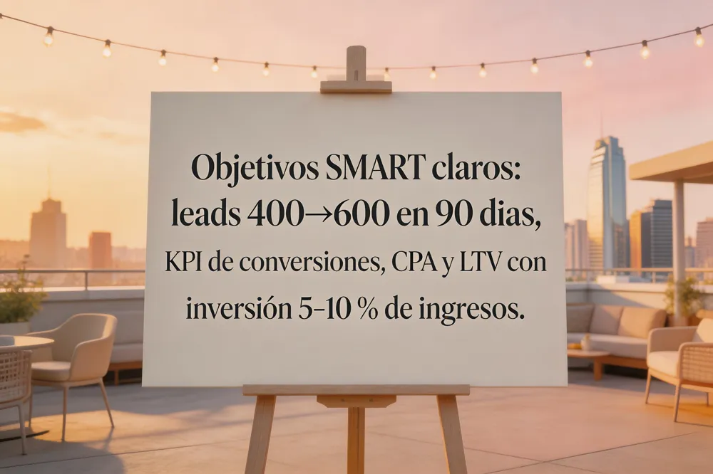 Objetivos SMART claros: leads 400→600 en 90 días, KPI de conversiones, CPA y LTV con inversión 5‑10 % de ingresos.
