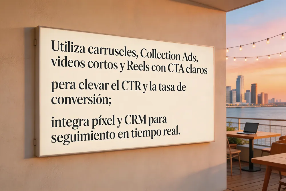 Utiliza carruseles, Collection Ads, videos cortos y Reels con CTA claros para elevar el CTR y la tasa de conversión; integra píxel y CRM para seguimiento en tiempo real.