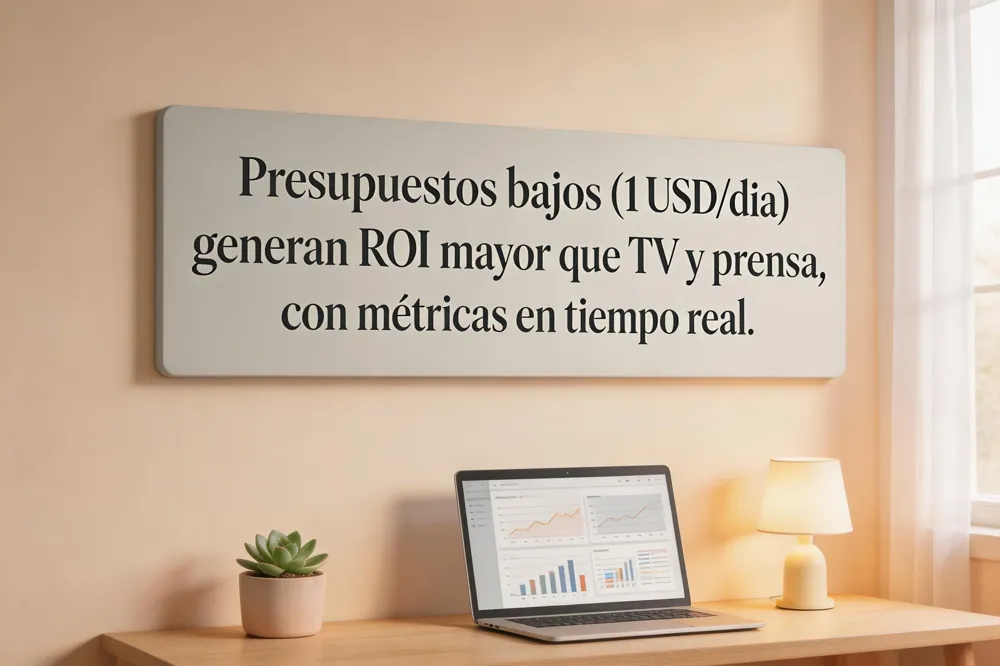Presupuestos bajos (1 USD/día) generan ROI mayor que TV y prensa, con métricas en tiempo real.