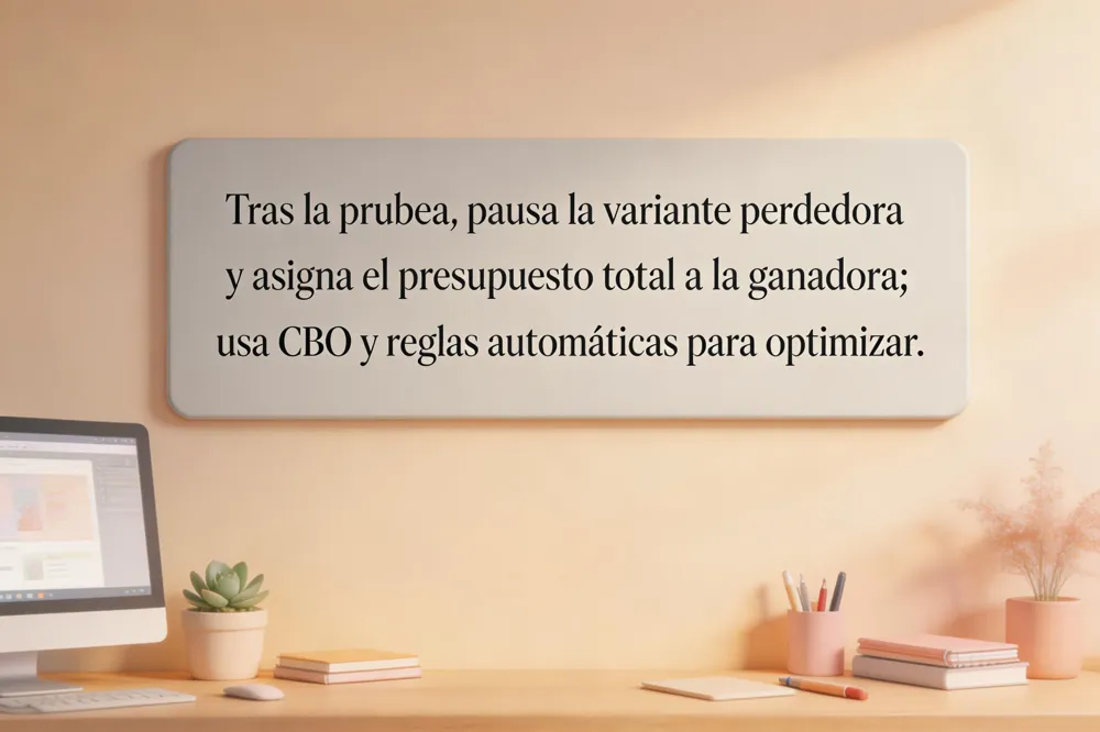 Tras la prueba, pausa la variante perdedora y asigna el presupuesto total a la ganadora; usa CBO y reglas automáticas para optimizar.