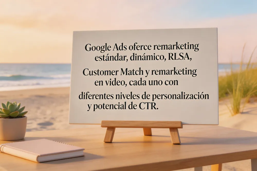 Google Ads ofrece remarketing estándar, dinámico, RLSA, Customer Match y remarketing en video, cada uno con diferentes niveles de personalización y potencial de CTR.