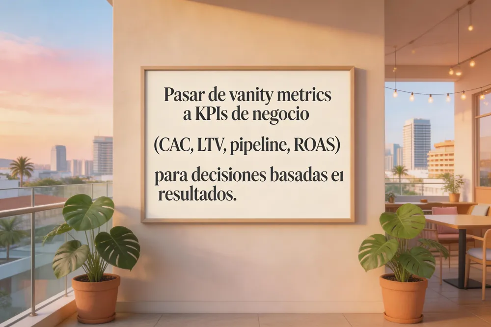 Pasar de vanity metrics a KPIs de negocio (CAC, LTV, pipeline, ROAS) para decisiones basadas en resultados.