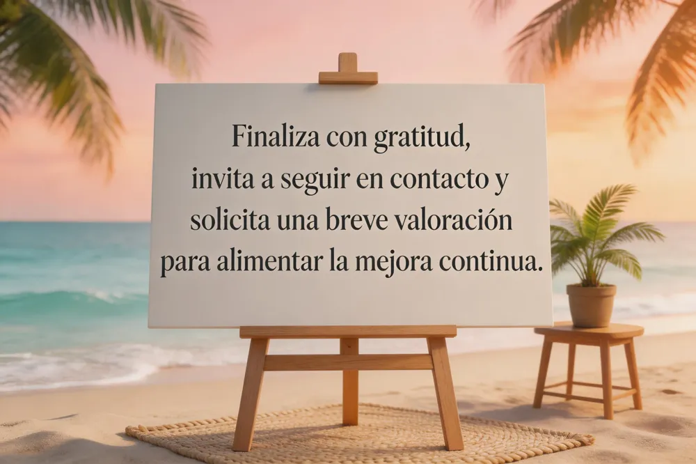 Finaliza con gratitud, invita a seguir en contacto y solicita una breve valoración para alimentar la mejora continua.