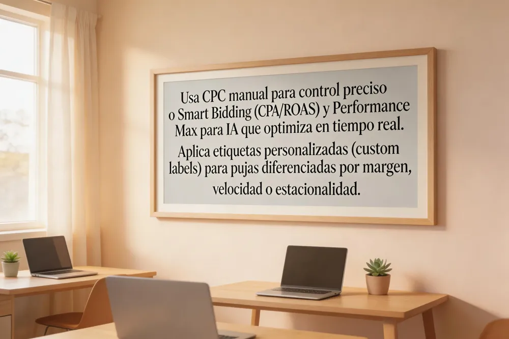 Usa CPC manual para control preciso o Smart Bidding (CPA/ROAS) y Performance Max para IA que optimiza en tiempo real. Aplica etiquetas personalizadas (custom labels) para pujas diferenciadas por margen, velocidad o estacionalidad.