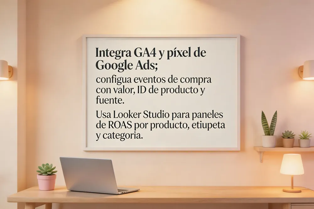 Integra GA4 y píxel de Google Ads; configua eventos de compra con valor, ID de producto y fuente. Usa Looker Studio para paneles de ROAS por producto, etiqueta y categoría.