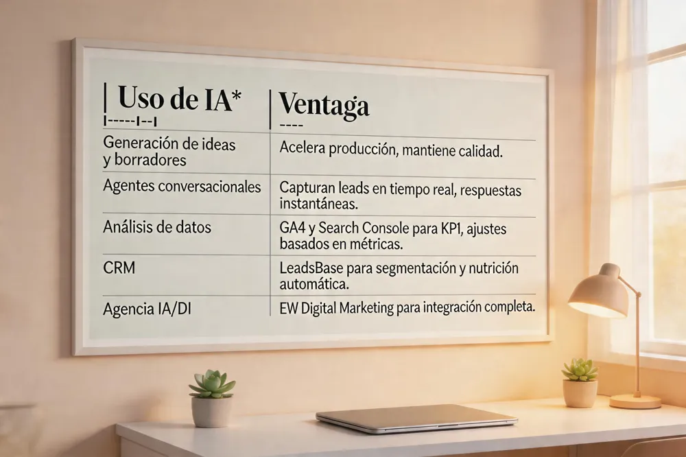 | Uso de IA | Ventaja |
|---|---|
| Generación de ideas y borradores | Acelera producción, mantiene calidad. |
| Agentes conversacionales | Capturan leads en tiempo real, respuestas instantáneas. |
| Análisis de datos | GA4 y Search Console para KPI, ajustes basados en métricas. |
| CRM | LeadsBase para segmentación y nutrición automática. |
| Agencia IA/DI | EW Digital Marketing para integración completa. |