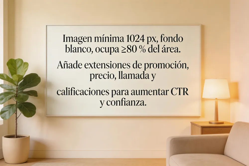 Imagen mínima 1024 px, fondo blanco, ocupa ≥80 % del área. Añade extensiones de promoción, precio, llamada y calificaciones para aumentar CTR y confianza.