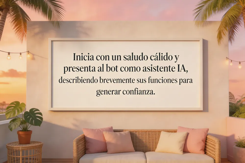 Inicia con un saludo cálido y presenta al bot como asistente IA, describiendo brevemente sus funciones para generar confianza.
