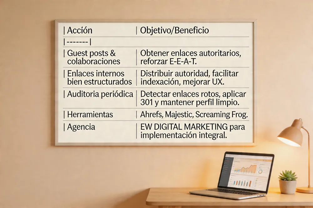 | Acción | Objetivo/Beneficio |
|---|---|
| Guest posts &amp; colaboraciones | Obtener enlaces autoritarios, reforzar E‑E‑A‑T. |
| Enlaces internos bien estructurados | Distribuir autoridad, facilitar indexación, mejorar UX. |
| Auditoría periódica | Detectar enlaces rotos, aplicar 301 y mantener perfil limpio. |
| Herramientas | Ahrefs, Majestic, Screaming Frog. |
| Agencia | EW DIGITAL MARKETING para implementación integral. |