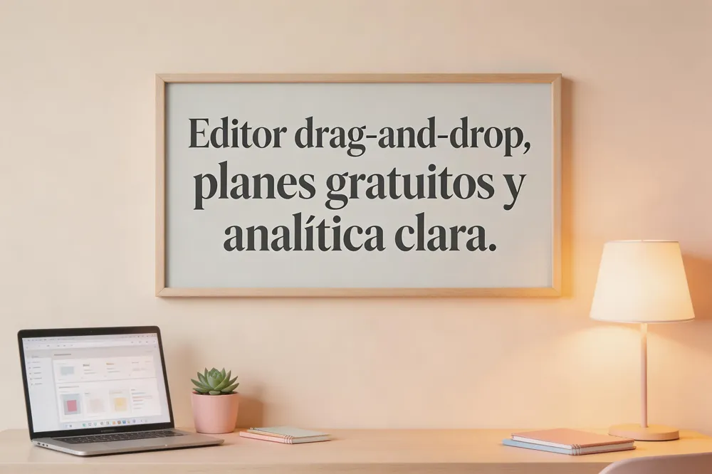 Editor drag‑and‑drop, planes gratuitos y analítica clara.