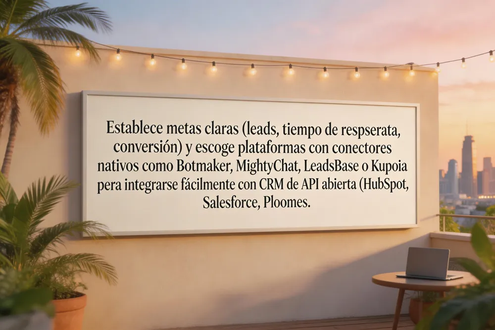 Establece metas claras (leads, tiempo de respuesta, conversión) y escoge plataformas con conectores nativos como Botmaker, MightyChat, LeadsBase o Kupoia para integrarse fácilmente con CRM de API abierta (HubSpot, Salesforce, Ploomes).