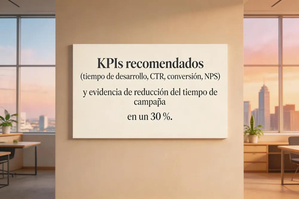 KPIs recomendados (tiempo de desarrollo, CTR, conversión, NPS) y evidencia de reducción del tiempo de campaña en un 30 %.