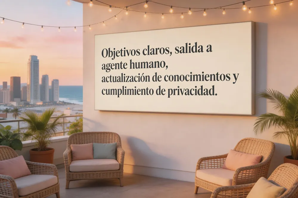 Objetivos claros, salida a agente humano, actualización de conocimientos y cumplimiento de privacidad.