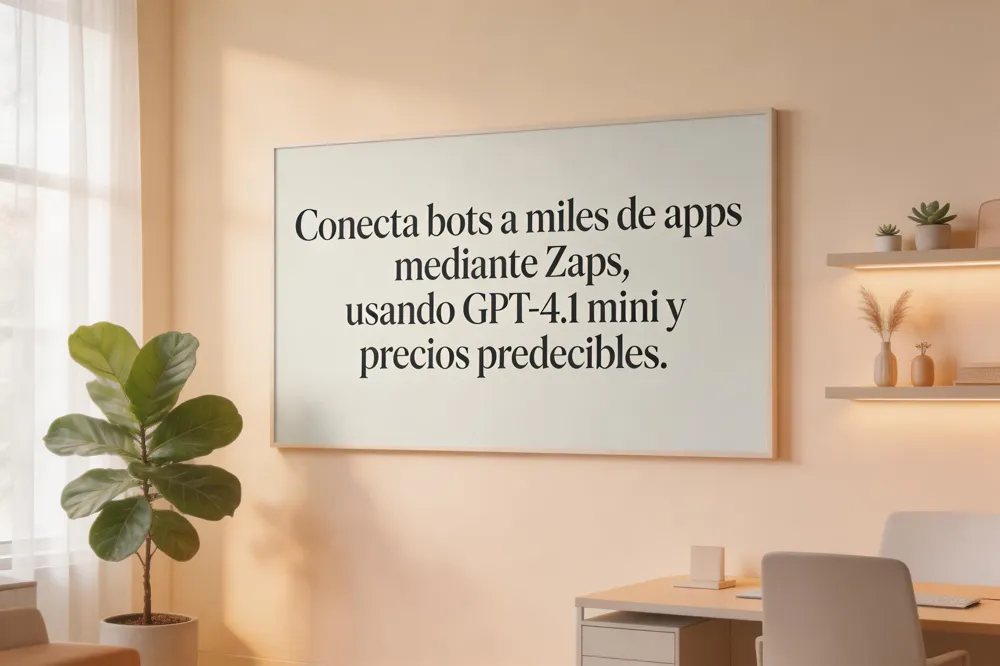 Conecta bots a miles de apps mediante Zaps, usando GPT‑4.1 mini y precios predecibles.