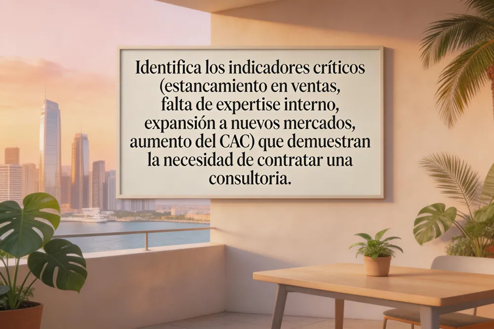 Identifica los indicadores críticos (estancamiento en ventas, falta de expertise interno, expansión a nuevos mercados, aumento del CAC) que demuestran la necesidad de contratar una consultoría.