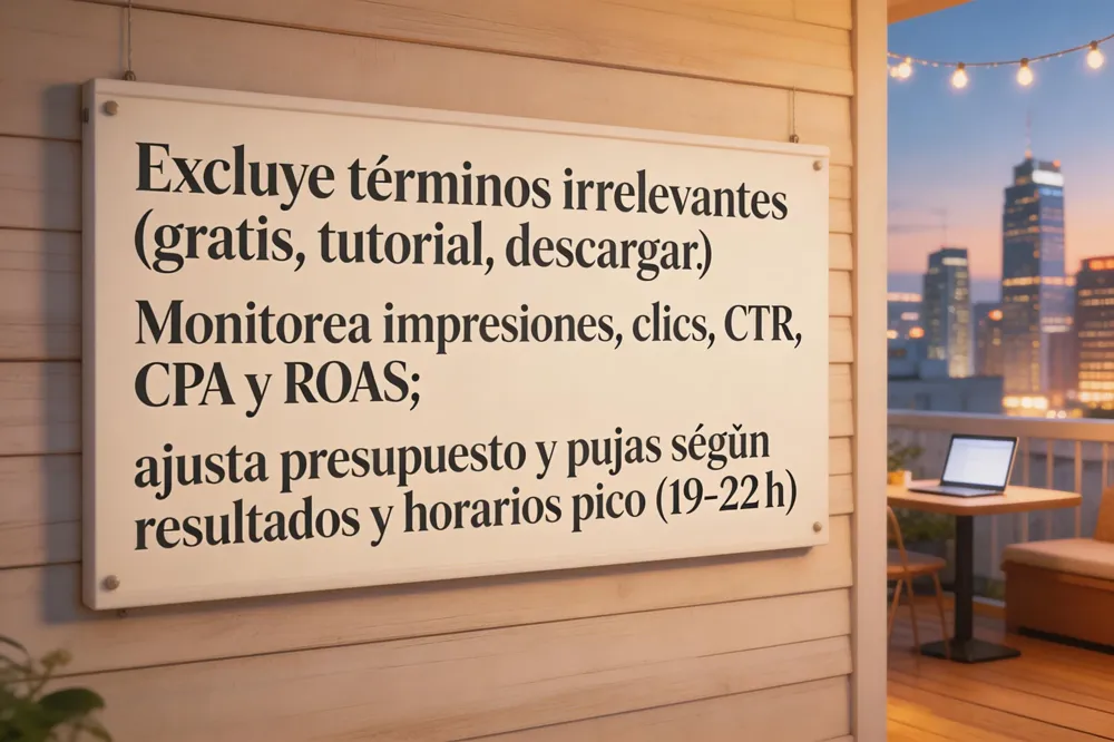 Excluye términos irrelevantes (gratis, tutorial, descargar). Monitorea impresiones, clics, CTR, CPA y ROAS; ajusta presupuesto y pujas según resultados y horarios pico (19‑22 h).