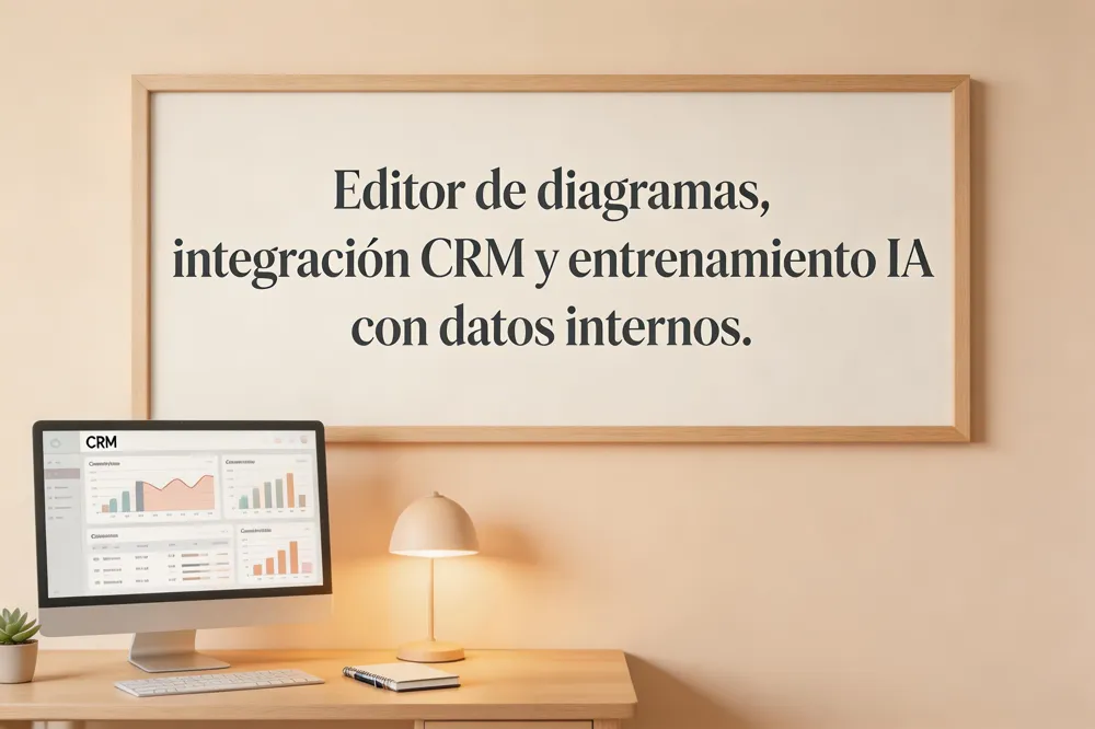 Editor de diagramas, integración CRM y entrenamiento IA con datos internos.