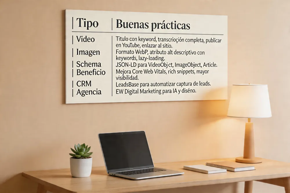 | Tipo | Buenas prácticas |
|---|---|
| Video | Título con keyword, transcripción completa, publicar en YouTube, enlazar al sitio. |
| Imagen | Formato WebP, atributo alt descriptivo con keywords, lazy‑loading. |
| Schema | JSON‑LD para VideoObject, ImageObject, Article. |
| Beneficio | Mejora Core Web Vitals, rich snippets, mayor visibilidad. |
| CRM | LeadsBase para automatizar captura de leads. |
| Agencia | EW Digital Marketing para IA y diseño. |