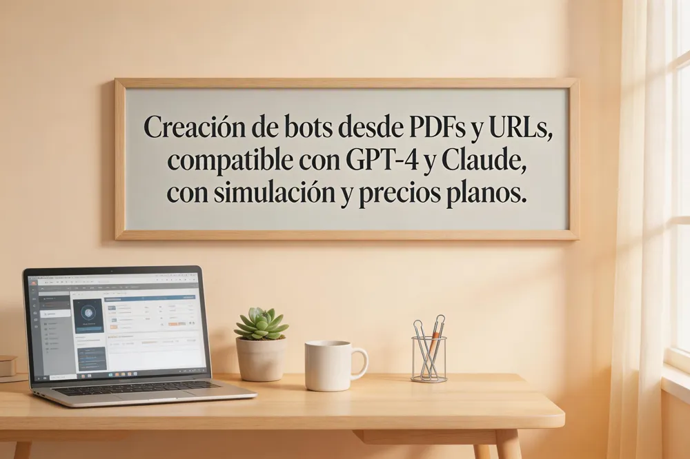 Creación de bots desde PDFs y URLs, compatible con GPT‑4 y Claude, con simulación y precios planos.