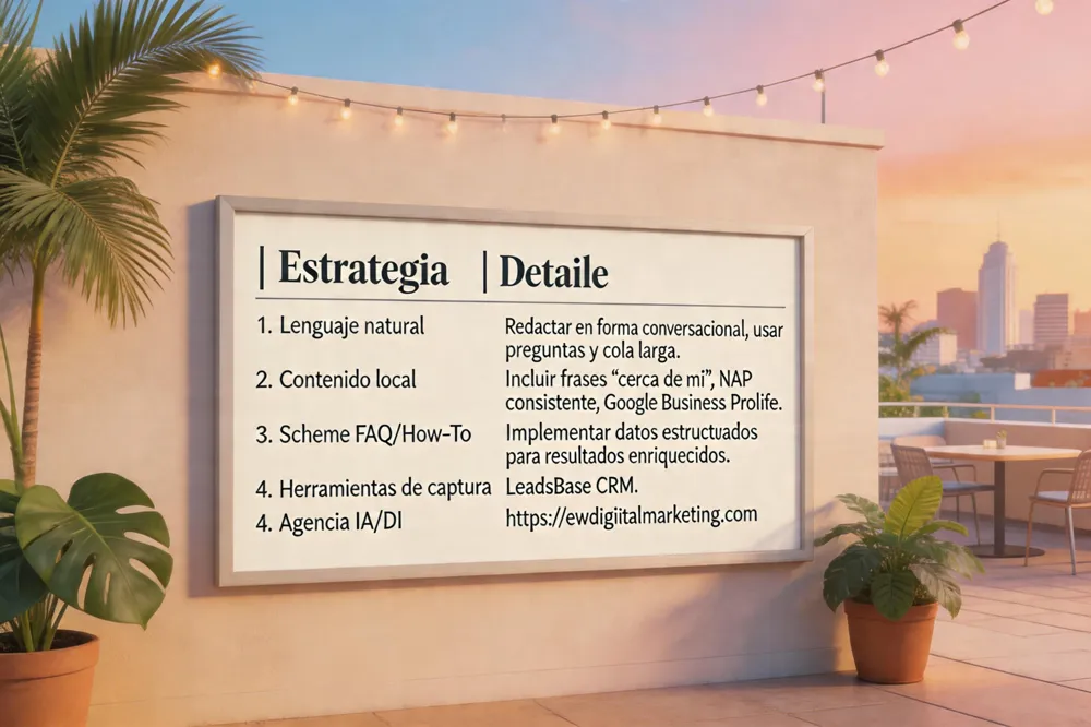 | Estrategia | Detalle |
|---|---|
| Lenguaje natural | Redactar en forma conversacional, usar preguntas y cola larga. |
| Contenido local | Incluir frases “cerca de mí”, NAP consistente, Google Business Profile. |
| Schema FAQ/How‑To | Implementar datos estructurados para resultados enriquecidos. |
| Herramientas de captura | LeadsBase CRM. |
| Agencia IA/DI | https://ewdigitalmarketing.com para creación audiovisual y optimización AI. |