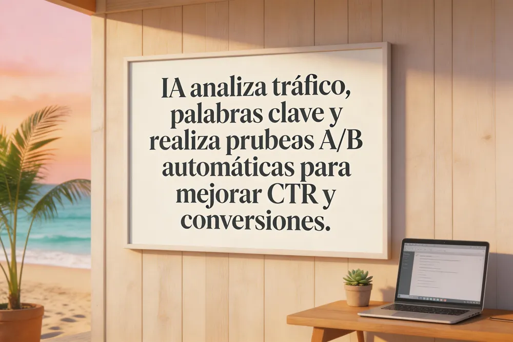 IA analiza tráfico, palabras clave y realiza pruebas A/B automáticas para mejorar CTR y conversiones.