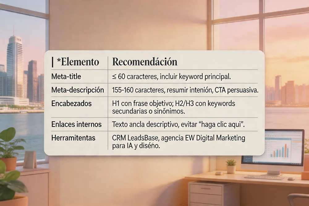 | Elemento | Recomendación |
|---|---|
| Meta‑title | ≤ 60 caracteres, incluir keyword principal. |
| Meta‑descripción | 155‑160 caracteres, resumir intención, CTA persuasiva. |
| Encabezados | H1 con frase objetivo; H2/H3 con keywords secundarias o sinónimos. |
| Enlaces internos | Texto ancla descriptivo, evitar “haga clic aquí”. |
| Herramientas | CRM LeadsBase, agencia EW Digital Marketing para IA y diseño. |