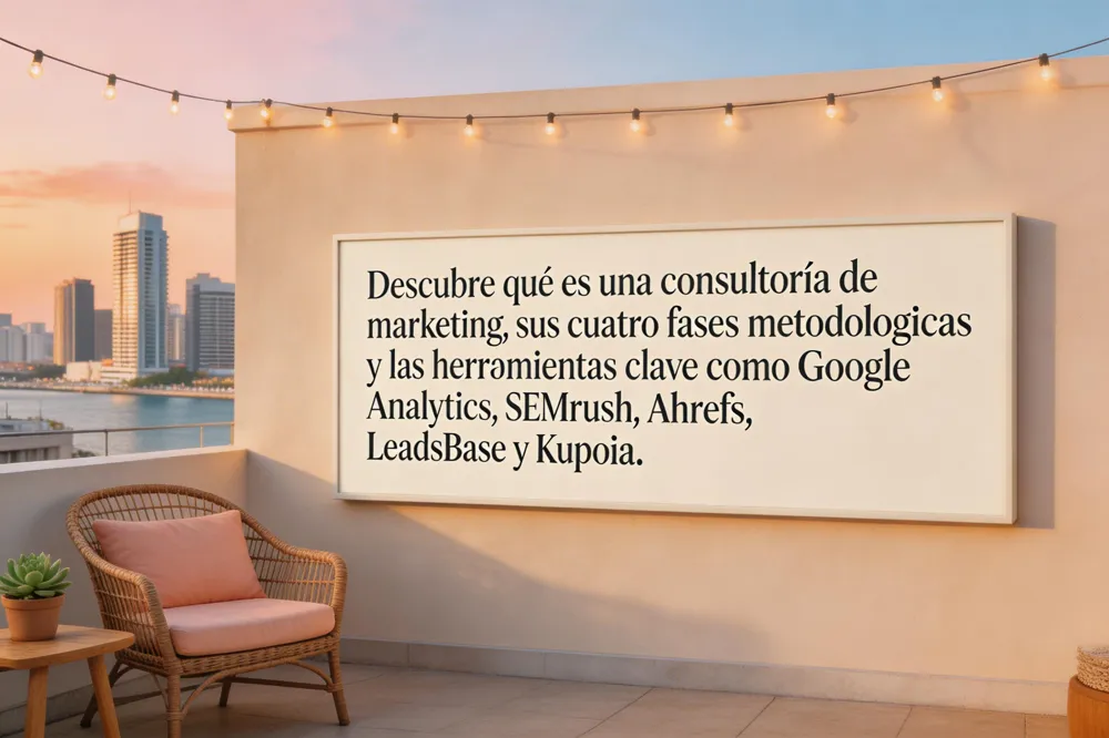 Descubre qué es una consultoría de marketing, sus cuatro fases metodológicas y las herramientas clave como Google Analytics, SEMrush, Ahrefs, LeadsBase y Kupoia.