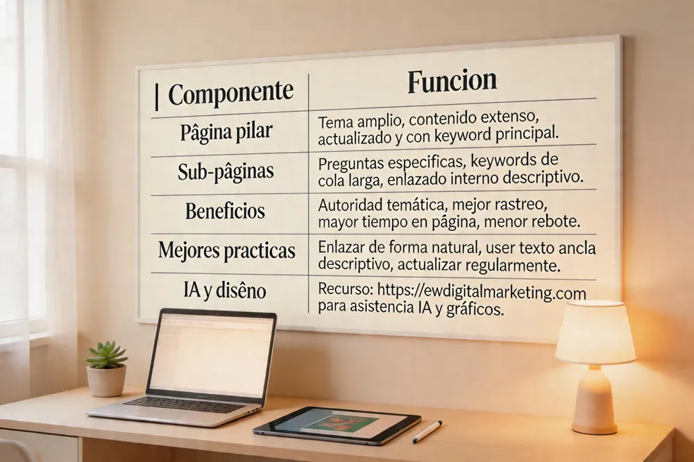 | Componente | Función |
|---|---|
| Página pilar | Tema amplio, contenido extenso, actualizado y con keyword principal. |
| Sub‑páginas | Preguntas específicas, keywords de cola larga, enlazado interno descriptivo. |
| Beneficios | Autoridad temática, mejor rastreo, mayor tiempo en página, menor rebote. |
| Mejores prácticas | Enlazar de forma natural, usar texto ancla descriptivo, actualizar regularmente. |
| IA y diseño | Recurso: https://ewdigitalmarketing.com para asistencia IA y gráficos. |