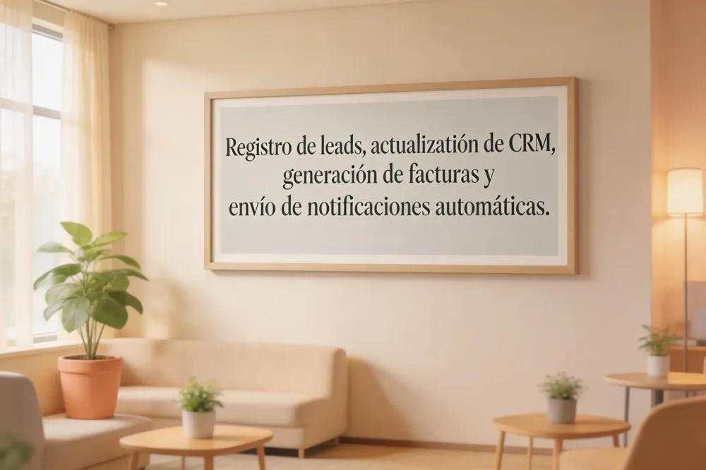 Registro de leads, actualización de CRM, generación de facturas y envío de notificaciones automáticas.