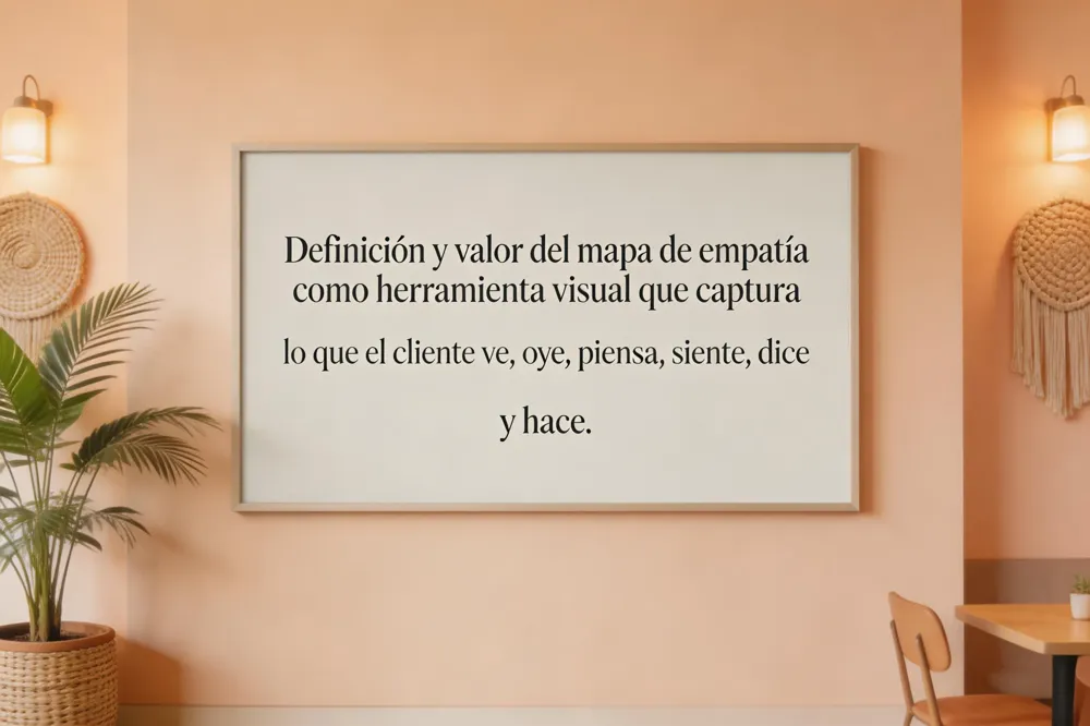 Definición y valor del mapa de empatía como herramienta visual que captura lo que el cliente ve, oye, piensa, siente, dice y hace.