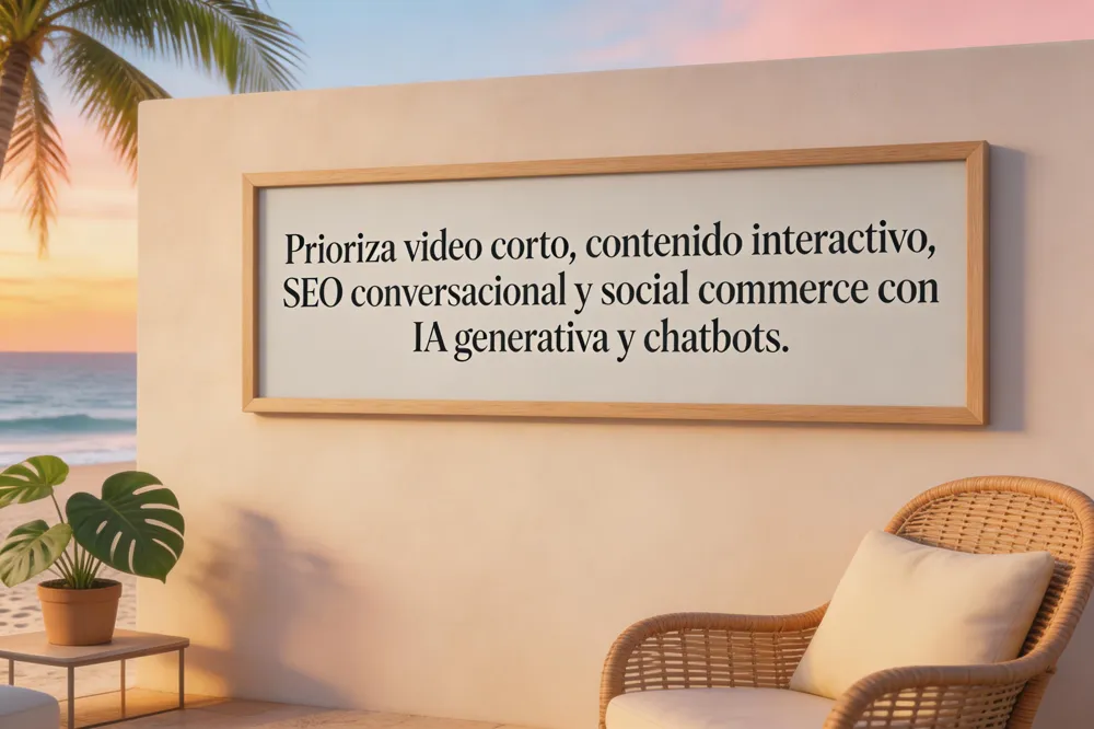 Prioriza video corto, contenido interactivo, SEO conversacional y social commerce con IA generativa y chatbots.