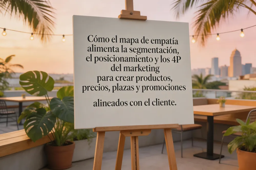 Cómo el mapa de empatía alimenta la segmentación, el posicionamiento y los 4 P del marketing para crear productos, precios, plazas y promociones alineados con el cliente.