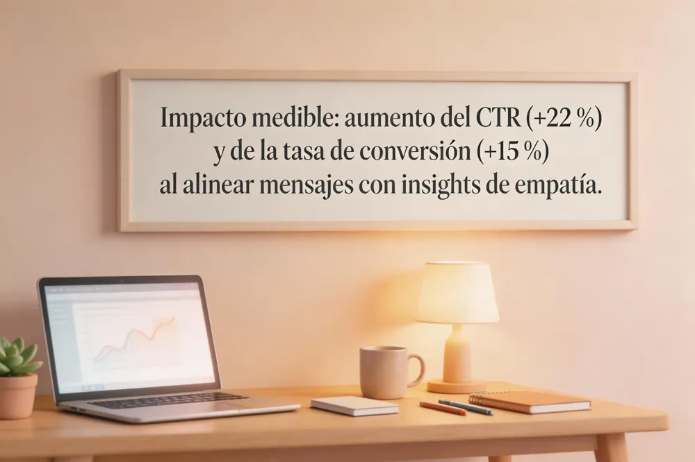 Impacto medible: aumento del CTR (+22 %) y de la tasa de conversión (+15 %) al alinear mensajes con insights de empatía.
