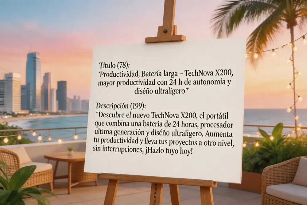 Título 70‑150 caracteres, palabras clave al inicio, incluye marca, modelo y beneficio. Descripción 150‑300 caracteres, clara, persuasiva y sin keyword stuffing. Usa IA de Google Ads para generar copys atractivos.