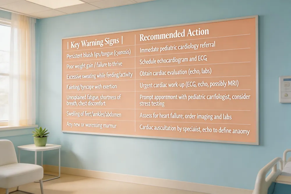 | Key Warning Signs | Recommended Action | |-------------------|--------------------| | Persistent bluish lips/tongue (cyanosis) | Immediate pediatric cardiology referral | | Poor weight gain / failure to thrive | Schedule echocardiogram and ECG | | Excessive sweating while feeding or during activity | Obtain cardiac evaluation (echo, labs) | | Fainting or syncope with exertion | Urgent cardiac work‑up (ECG, echo, possibly MRI) | | Unexplained fatigue, shortness of breath, chest discomfort | Prompt appointment with pediatric cardiologist; consider stress testing | | Swelling of feet/ankles/abdomen | Assess for heart failure; order imaging and labs | | Any new or worsening murmur | Cardiac auscultation by specialist, echo to define anatomy |
Next Steps: Contact a Children’s Cardiology location in Federal Way for a comprehensive exam, echocardiography, ECG, and multidisciplinary counseling. Keep a medical binder with imaging results, medication lists, and emergency contacts. Early evaluation improves outcomes and guides long‑term management.