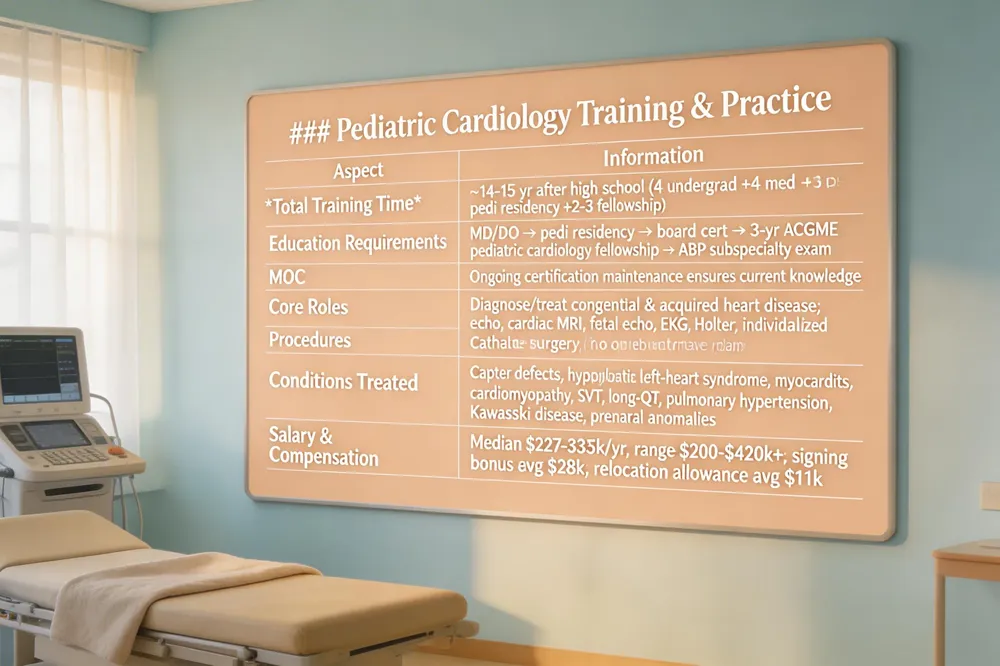 ### Pediatric Cardiology Training & Practice
| Aspect | Information |
|---|---|
| Total Training Time | ~14‑15 years after high school (4 yr undergrad + 4 yr med school + 3 yr pediatrics residency + 2‑3 yr fellowship) |
| Education Requirements | MD/DO → pediatric residency → board certification in pediatrics → 3‑yr ACGME‑accredited pediatric cardiology fellowship → ABP subspecialty exam |
| MOC | Ongoing certification maintenance ensures current knowledge |
| Core Roles | Diagnose/treat congenital & acquired heart disease; perform echocardiograms, cardiac MRI, fetal echo, EKG, Holter; develop individualized care plans |
| Procedures | Catheter‑based interventions (device closures, balloon angioplasty); coordinate surgery but do not perform open‑heart surgery |
| Conditions Treated | Septal defects, hypoplastic left‑heart syndrome, myocarditis, cardiomyopathy, SVT, long‑QT, pulmonary hypertension, Kawasaki disease, prenatal anomalies |
| Salary & Compensation | Median $327‑$335 k/yr; range $200‑$420 k+; signing bonus avg $28 k; relocation allowance avg $11 k |
| 