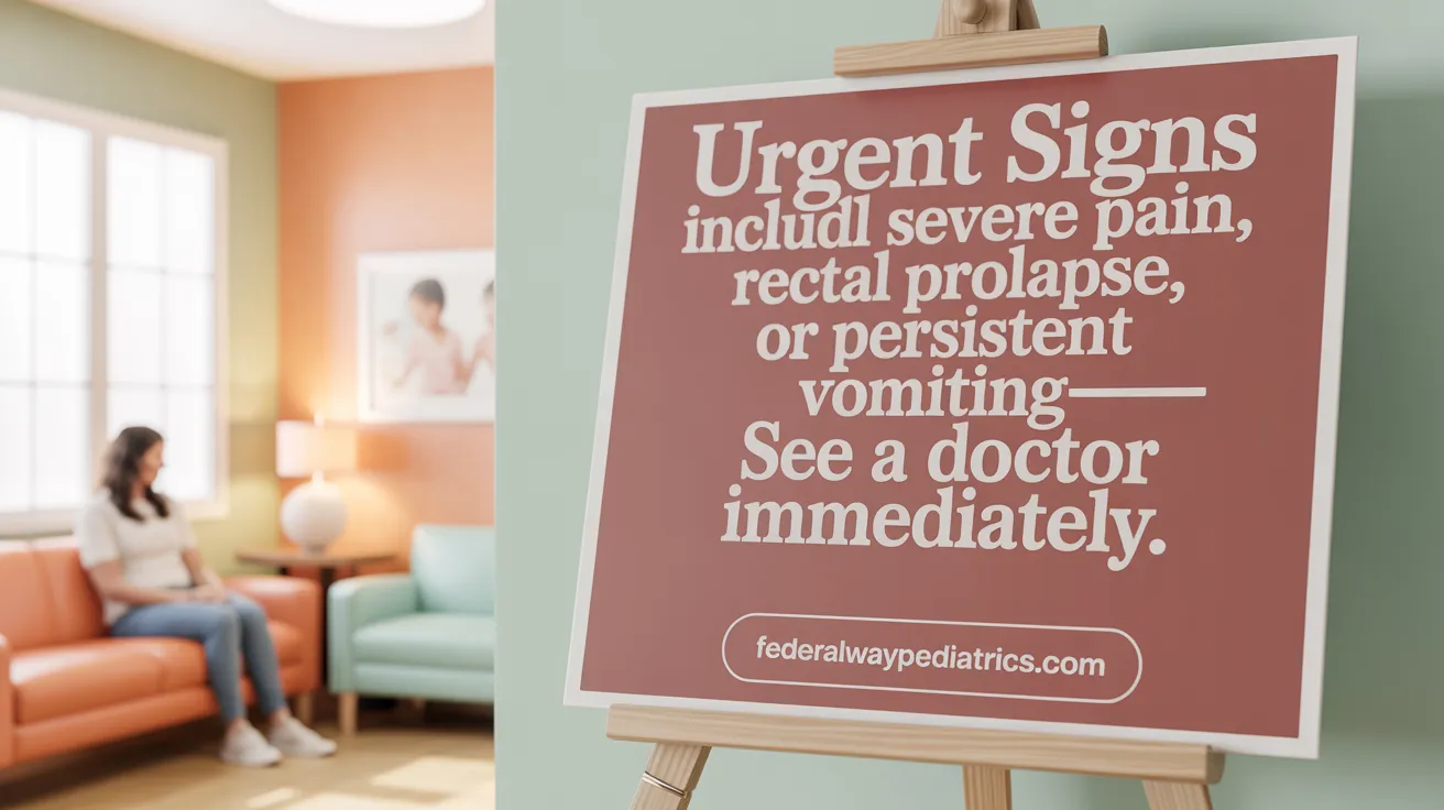 Urgent signs include severe pain, rectal prolapse, or persistent vomiting—see a doctor immediately.