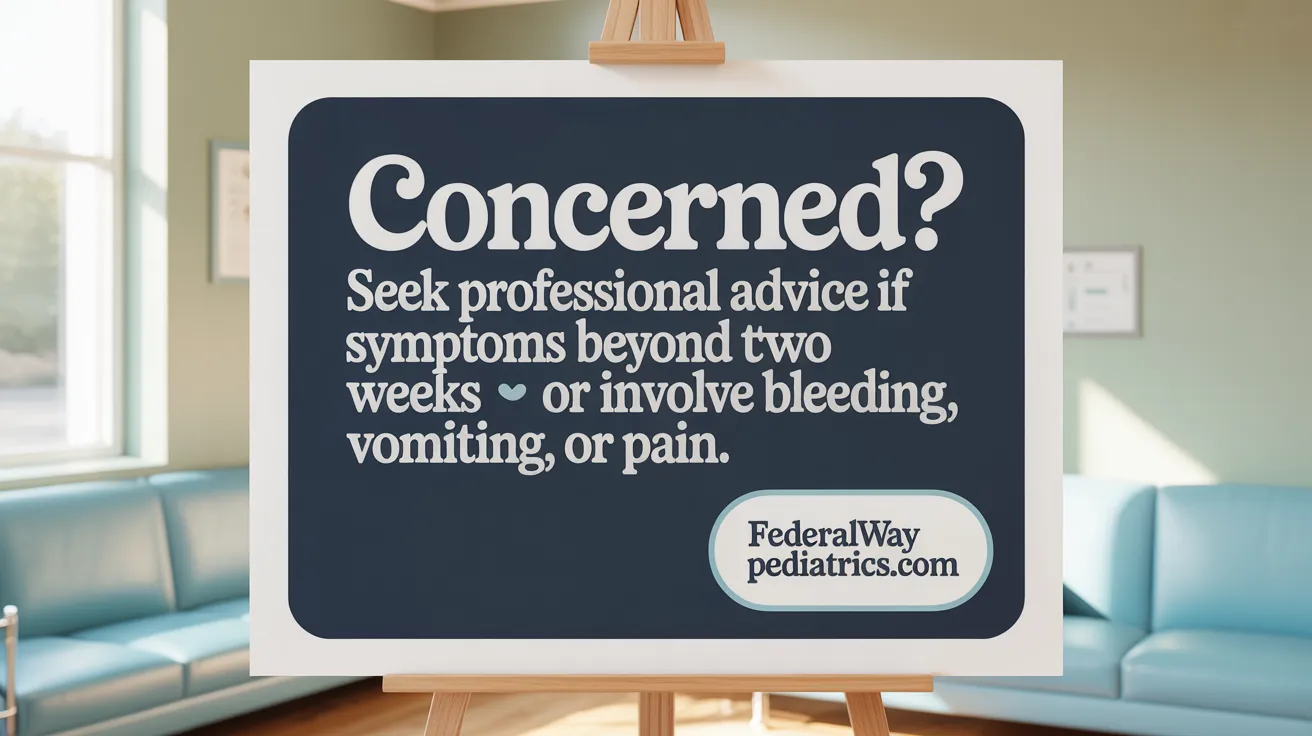 Concerned? Seek professional advice if symptoms persist beyond two weeks or involve bleeding, vomiting, or pain.