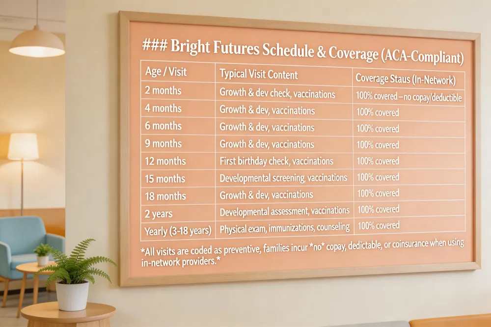 ### Quick Reference: Core Insurance Terms
| Term | What It Means | Typical Family Impact |
|---|---|---|
| Premium | Fixed monthly payment to keep the plan active. | Predictable monthly cost; does not affect per‑visit charges. |
| Deductible | Amount you must pay out‑of‑pocket before the insurer starts sharing costs. | Families pay the first $X‑$Y each year; higher deductibles usually mean lower premiums. |
| Copay | Fixed fee (e.g., $20) for a specific service such as a doctor visit. | Easy to budget; applies even after deductible is met for many services. |
| Coinsurance | Percentage of the bill you pay after the deductible (e.g., 20%). | Can lead to larger bills for expensive procedures; varies by plan. |
| Out‑of‑Pocket Maximum | Cap on total spending (deductible + copays + coinsurance). After reaching it, the insurer pays 100 % for the rest of the year. | Provides financial protection against catastrophic costs. |
| Preventive Services | Well‑child visits, vaccinations, screenings—covered at 100 % when in‑network. | No copay, deductible, or coinsurance; no extra cost for essential child health care. |
| Parents often wonder how health insurance works and what it actually covers for their children. In simple terms, you pay a regular premium to keep your plan active. When you visit a doctor or fill a prescription, you may pay a small fee called a copay. Before the insurer starts sharing costs, you must meet a deductible—a set amount you pay out‑of‑pocket for covered services. Once the deductible is satisfied, the plan pays a percentage of the bill (coinsurance) while you cover the remainder, often with a fixed copay for office visits. All of these expenses count toward an out‑of‑pocket maximum; after you reach that limit, the insurer pays 100 % of additional covered care for the year. Preventive services—well‑child visits, vaccinations, developmental screenings, and other ACA‑mandated checks—are typically covered at 100 % when you use in‑network providers, meaning no copay, coinsurance, or deductible applies. |
Having both a primary and a secondary insurance plan can be a smart financial move for families with children who need frequent care, especially specialty services like pediatric cardiology. The primary insurer pays first, and the secondary plan can pick up any remaining costs, often covering deductibles, copays, or services the first plan didn’t fully reimburse. This coordination of benefits can substantially lower out‑of‑pocket expenses. The trade‑off is extra paperwork and the need to verify that both plans share the same network of providers.
Under the Affordable Care Act, all Marketplace plans, Medicaid, and the Children’s Health Insurance Program (CHIP) must cover a core set of preventive pediatric services at no cost when delivered by in‑network providers. This includes well‑child visits, immunizations, screenings, and developmental assessments. Medically necessary doctor visits, emergency care, and specialist referrals—such as pediatric cardiology—are also covered, though cost‑sharing may apply after preventive services are exhausted or when services are out‑of‑network. Families should confirm that their child’s pediatrician and any specialists are in‑network to avoid surprise bills.
In Washington State, Medicaid (Apple Health) and CHIP provide comprehensive coverage for most families, with minimal or no cost‑sharing for preventive care. Private plans vary in premiums, deductibles, copays, and out‑of‑pocket maximums, so comparing these elements helps families choose the most cost‑effective option for their child’s health needs. For those without insurance, self‑pay discounts, sliding‑scale fees, and health‑savings accounts (HSAs/FSA) can reduce out‑of‑pocket costs.
Overall, understanding premiums, deductibles, copays, and out‑of‑pocket maximums, knowing that preventive services are fully covered in‑network, and weighing the benefits of dual coverage can empower families in Federal Way to make informed, financially sound decisions for their children’s pediatric and cardiology care.
Finding Affordable Coverage for Kids
![### Coverage Options & Typical Costs for Children in Washington State
| Coverage Type | Eligibility / Notes | Typical Cost (per month) | Key Benefits |
|---|---|---|---|
| Medicaid (Apple Health) | Low‑income families; income eligibility varies by household size. | $0 (free) | No premiums, very low or no cost‑sharing for preventive and most services. |
| CHIP | Families slightly above Medicaid income limits. | $0‑$15 (often subsidized) | Low premiums, modest copays; covers comprehensive pediatric care. |
| Marketplace Plans (with subsidies) | Families earning 100‑400 % of the federal poverty level; subsidy based on income. | $0‑$200 after tax credits | Varying deductibles/copays; must meet ACA preventive coverage. |
| TriCare | Military families; accepted at Seattle Children’s Hospital with pre‑authorization. | Varies by sponsor | Coverage similar to private plans; requires prior authorization for specialty referrals. |
| Self‑Pay Discounts | No insurance; cash‑price discounts at local clinics. | $70‑$120 per visit after 10‑30 % discount | Immediate payment, no paperwork; useful for uninsured or high‑deductible plan members. |
| What is the cheapest insurance for kids? The lowest‑cost option is typically Medicaid or CHIP, which is free or very low‑cost coverage for eligible families. If you do not qualify, marketplace plans with subsidies may become inexpensive after tax credits are applied. |
Does Seattle Children accept TriCare? Yes. TriCare coverage is accepted, but a pre‑authorization is required before scheduling any specialty appointment.
What if I can’t afford insurance for my child? First, check eligibility for Medicaid or CHIP, which many families qualify for even when they think income is too high. Apply online via the state’s portal or call the enrollment hotline. If ineligible, explore subsidized marketplace plans. Community health centers also offer low‑cost preventive and urgent care regardless of insurance status.
Navigating Well‑Child Visits and Preventive Care
![### Bright Futures Schedule & Coverage (ACA‑Compliant)
| Age / Visit | Typical Visit Content | Coverage Status (In‑Network) |
|---|---|---|
| 2 months | Growth & development check, vaccinations | 100 % covered – no copay/deductible |
| 4 months | Growth & development, vaccinations | 100 % covered |
| 6 months | Growth & development, vaccinations | 100 % covered |
| 9 months | Growth & development, vaccinations | 100 % covered |
| 12 months | First birthday check, vaccinations | 100 % covered |
| 15 months | Developmental screening, vaccinations | 100 % covered |
| 18 months | Growth & development, vaccinations | 100 % covered |
| 2 years | Developmental assessment, vaccinations | 100 % covered |
| Yearly (3‑18 years) | Physical exam, immunizations, counseling | 100 % covered |
All visits are coded as preventive; families incur no copay, deductible, or coinsurance when using in‑network providers.