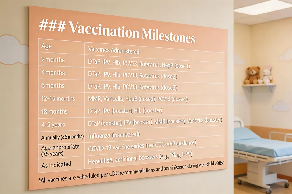 ### Vaccination Milestones
| Age | Vaccines Administered |
|---|---|
| 2 months | DTaP, IPV, Hib, PCV13, Rotavirus, HepB (dose 1) |
| 4 months | DTaP, IPV, Hib, PCV13, Rotavirus (dose 2) |
| 6 months | DTaP, IPV, Hib, PCV13, Rotavirus (dose 3) |
| 12‑15 months | MMR, Varicella, HepB (dose 2), PCV13 (dose 4) |
| 18 months | DTaP, IPV (booster), Hib (booster) |
| 4‑5 years | DTaP (booster), IPV (booster), MMR (booster), Varicella (booster) |
| Annually (≥6 months) | Influenza (inactivated) |
| Age‑appropriate (≥5 years) | COVID‑19 vaccine series (per CDC‑AAP guidance) |
| As indicated | Hepatitis A, additional boosters (e.g., Tdap, HPV) |
All vaccines are scheduled per CDC recommendations and administered during well‑child visits.