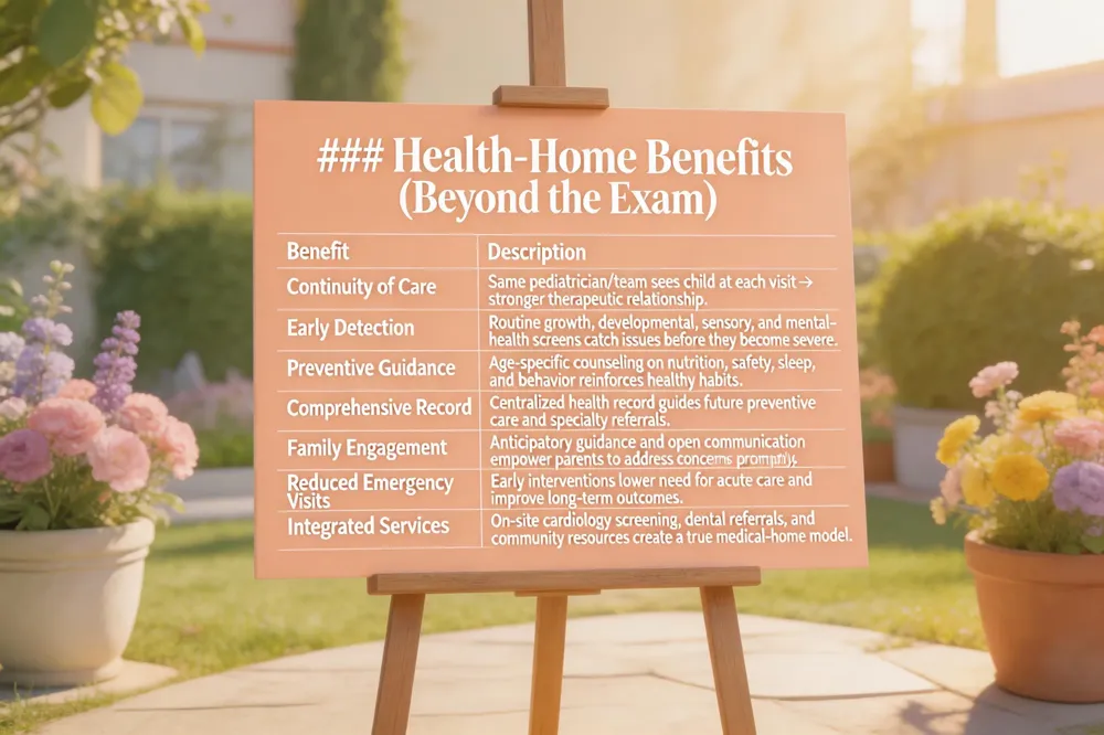 ### Health‑Home Benefits (Beyond the Exam)
| Benefit | Description |
|---|---|
| Continuity of Care | Same pediatrician/team sees child at each visit → stronger therapeutic relationship. |
| Early Detection | Routine growth, developmental, sensory, and mental‑health screens catch issues before they become severe. |
| Preventive Guidance | Age‑specific counseling on nutrition, safety, sleep, and behavior reinforces healthy habits. |
| Comprehensive Record | Centralized health record guides future preventive care and specialty referrals. |
| Family Engagement | Anticipatory guidance and open communication empower parents to address concerns promptly. |
| Reduced Emergency Visits | Early interventions lower need for acute care and improve long‑term outcomes. |
| Integrated Services | On‑site cardiology screening, dental referrals, and community resources create a true medical‑home model.