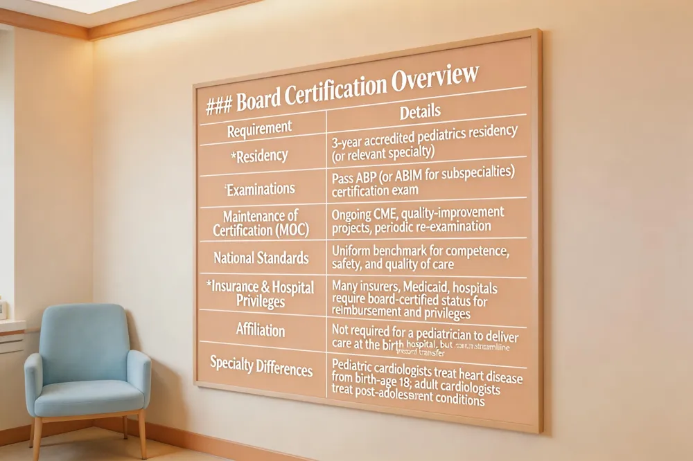 ### Board Certification Overview
| Requirement | Details |
|---|---|
| Residency | 3‑year accredited pediatrics residency (or relevant specialty) |
| Examinations | Pass ABP (or ABIM for subspecialties) certification exam |
| Maintenance of Certification (MOC) | Ongoing CME, quality‑improvement projects, periodic re‑examination |
| National Standards | Uniform benchmark for competence, safety, and quality of care |
| Insurance & Hospital Privileges | Many insurers, Medicaid, and hospitals require board‑certified status for reimbursement and privileges |
| Affiliation | Not required for a pediatrician to deliver care at the birth hospital, but can streamline record transfer |
| Specialty Differences | Pediatric cardiologists treat heart disease from birth‑age 18; adult cardiologists treat post‑adolescent conditions |
| 