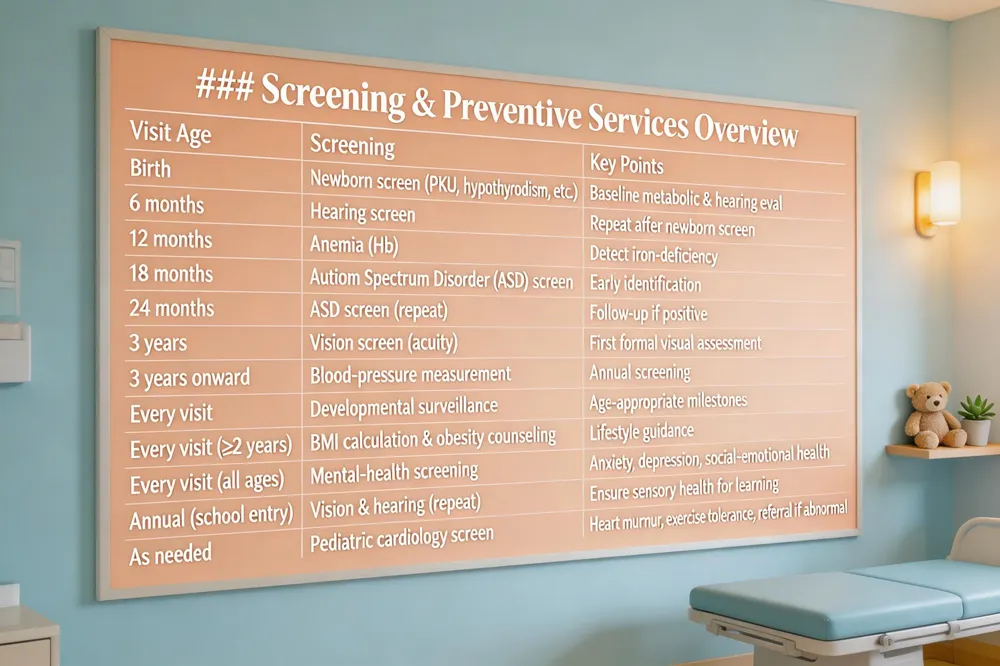 ### Screening & Preventive Services Overview
| Visit Age | Screening | Key Points |
|---|---|---|
| Birth | Newborn screen (PKU, hypothyroidism, etc.) | Baseline metabolic & hearing eval |
| 6 months | Hearing screen | Repeat after newborn screen |
| 12 months | Anemia (Hb) | Detect iron‑deficiency |
| 18 months | Autism Spectrum Disorder (ASD) screen | Early identification |
| 24 months | ASD screen (repeat) | Follow‑up if positive |
| 3 years | Vision screen (acuity) | First formal visual assessment |
| 3 years onward | Blood‑pressure measurement | Annual screening |
| Every visit | Developmental surveillance | Age‑appropriate milestones |
| Every visit (≥2 years) | BMI calculation & obesity counseling | Lifestyle guidance |
| Every visit (all ages) | Mental‑health screening | Anxiety, depression, social‑emotional health |
| Annual (school entry) | Vision & hearing (repeat) | Ensure sensory health for learning |
| As needed | Pediatric cardiology screen | Heart murmur, exercise tolerance, referral if abnormal